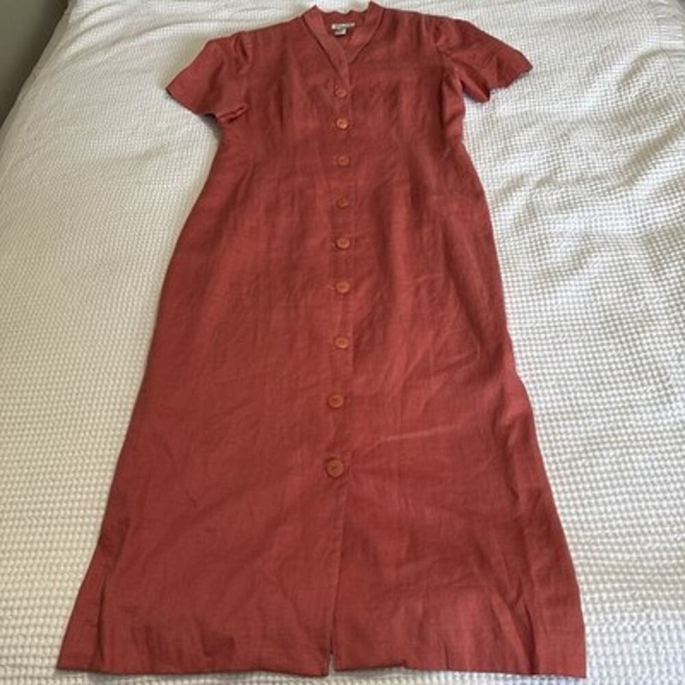 Vintage Talbots Linen Maxi Dress Women 14 Button Up Short Sleeve Career 90s EUC
